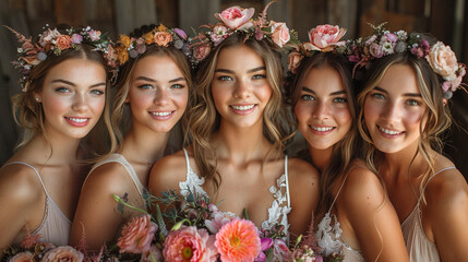 Whimsical flower crowns for bride and bridesmaids natural beauty - obrazy, fototapety, plakaty
