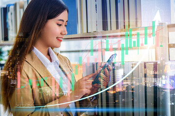 Double exposure of stock market graph and business woman working on smart phone at office. financial stock exchange marketing concept.
- 764067733