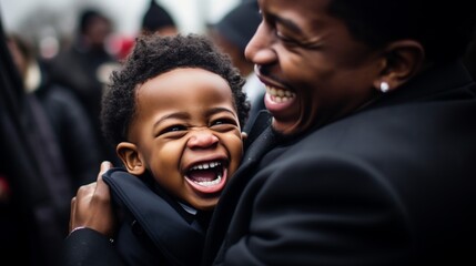 Affectionate hugs and radiant smiles African father and his little son, happiness concept, banner - obrazy, fototapety, plakaty