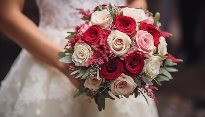 bride holding wedding bouquet of roses
