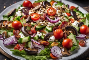 Fresh salad. Mixed salad, cherry tomatoes, cucumbers, fried bacon pieces, grilled mushrooms, mini mozzarella, red onion, sesame seeds, sunflower seeds and pumpkin seeds.