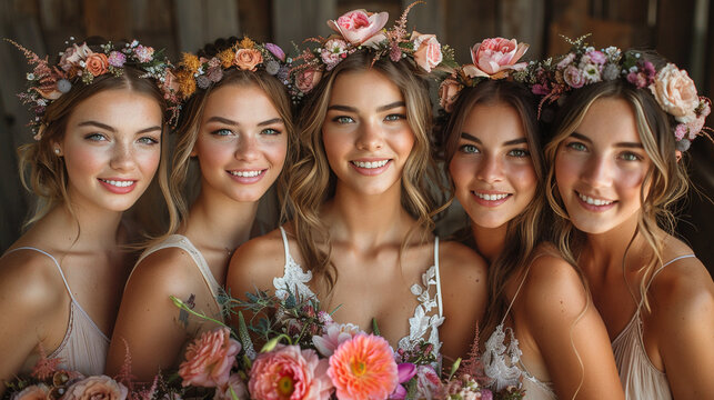 Whimsical flower crowns for bride and bridesmaids natural beauty