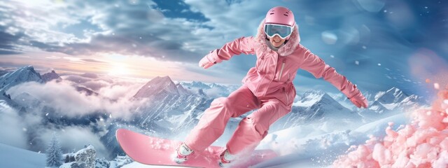 Snowboarder woman wearing pink suit, goggles mask and hat. Girl jumping with snowboard from the hill. Winter extreme sport, hobby. Weekend trip and relax concept