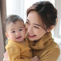 Young Asian mother with baby in a warm, joyful home setting