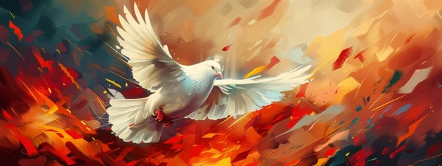 Fotobehang White dove in fire in the war. World peace day. Stop war in Ukraine. Peace crisis, no war, equality and love concept. Hiroshima Day. Background for banner, slogan, card, poster © JovialFox