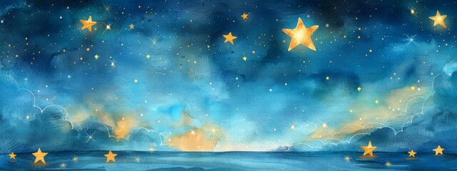 Golden stars  surrounded by blue clouds on night sky. Cute children background. Watercolor baby backdrop with copy space for greeting card, print, invitation,  poster, nursery, baby shower - obrazy, fototapety, plakaty