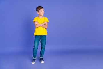 Fototapeta na wymiar Full length photo of adorable cute pretty boy crossed arms wear trendy yellow clothes look empty space isolated on violet color background