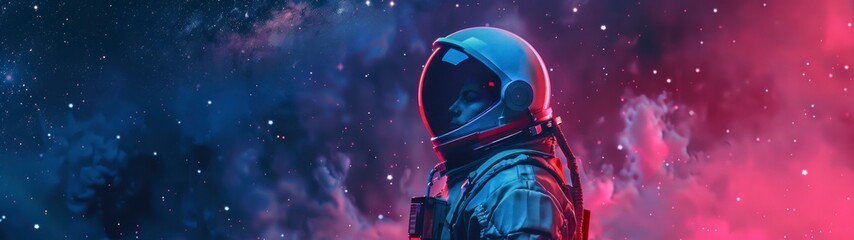 panoramic 32.9 astronaut with suit floating in space observing the stars, galaxies, planets, nebulae, sun, stardust, comets, asteroids, constellations - obrazy, fototapety, plakaty