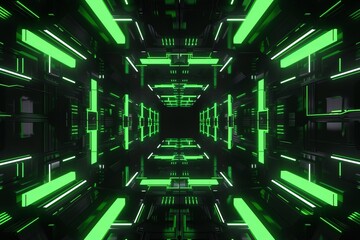 A futuristic corridor with cubes and neon led lights in green color. hacking and hack and code and...