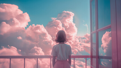 Woman immersed, captivated, focused in balcony above the clouds and sky. Dreamy atmosphere scene in pink, copy space for text