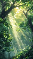 Obraz premium Sunlight piercing through the forest canopy