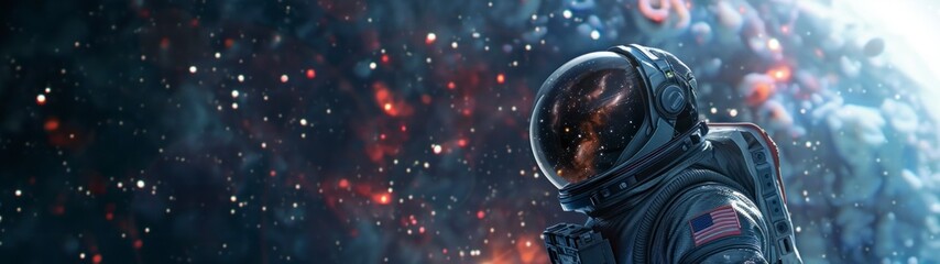 panoramic 32.9 astronaut with a suit floating in space observing the stars, galaxies, planets, nebulae, sun, star dust, comets, asteroids, constellations in high resolution and quality - obrazy, fototapety, plakaty
