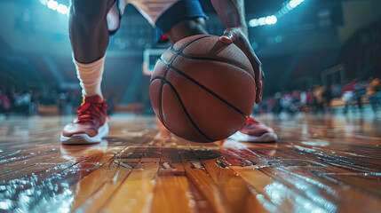 Fototapeta premium A close-up shot of a basketball player dribbling the ball with intensity and focus, showcasing the energy and skill involved in the game