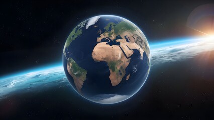 Close look at Planet earth globe view from space showing realistic earth surface and world map as in outer space point of view