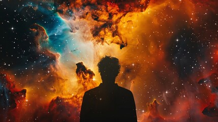 Cosmic Wonder: Silhouette Facing Vibrant Nebula Explosion