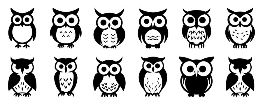 Owl silhouettes set, large pack of vector silhouette design, isolated white background.