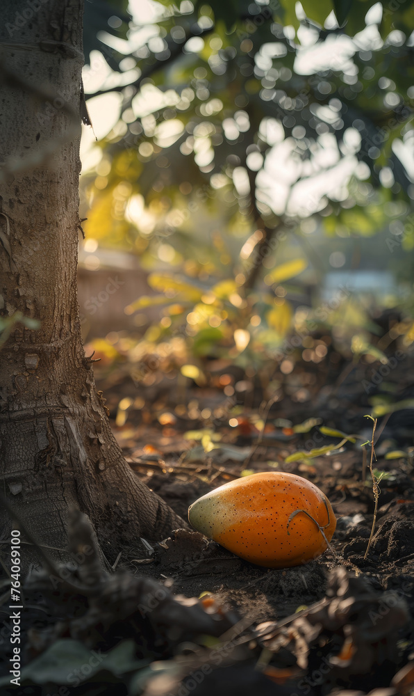 Wall mural A ripe papaya lies on the ground by its tree at dusk.