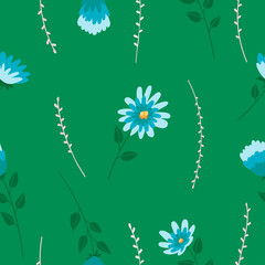 Blue flowers, daisies on a green background. Spring seamless pattern. Template for fabric, paper, textile. JPEG, JPG 150 dpi.