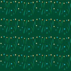 Small blue and yellow flowers on a green background. Spring seamless pattern. Template for fabric, paper, textile. JPG, JPEG 150 dpi.