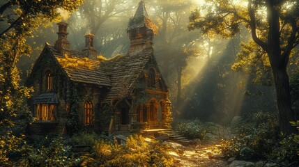 Enchanted forest cottage at sunrise