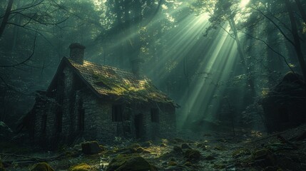 Enchanted cottage in a misty forest with sunbeams