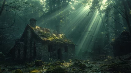 Foto auf Alu-Dibond Feenwald Enchanted cottage in a misty forest with sunbeams