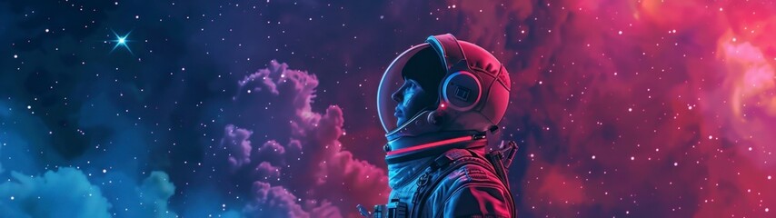 panoramic 32.9 astronaut with a suit floating in space observing the stars, galaxies, planets, nebulae, sun, star dust, comets, asteroids, constellations in high resolution and high quality HD - obrazy, fototapety, plakaty