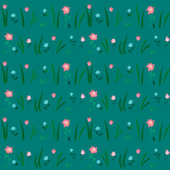 Delicate cute pink flowers, green leaves. Spring, summer seamless pattern. Template for paper, textile. JPEG 150 dpi.