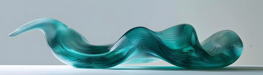 A serene and elegant sculptural artwork of undulating green glass waves on a stark white background, evoking a sense of calm and creativity.