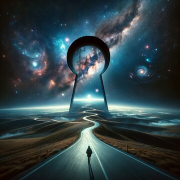 walking on Keyhole Road The Erath Planet with the night starry sky of the Universe.