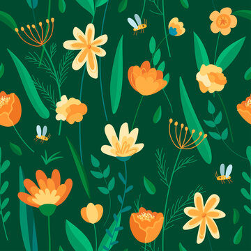 Large yellow and orange flowers on a green background. Spring seamless pattern. Template for fabric, paper, textile. JPEG, JPG 150 dpi.