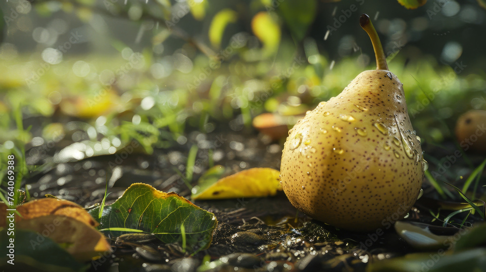 Wall mural Sunlit pear with a dew on the ground with autumn leaves.