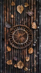 Fototapeta na wymiar Autumn composition with dried leaves and woven basket