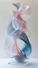 A captivating twisting sculpture featuring ribbons in soft pastel pink and blue hues, creating an illusion of fluidity and lightness.