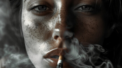 Fototapeta premium A detailed close-up of a womans red lips holding a lit cigarette, surrounded by swirling smoke.