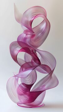 Against a white backdrop, an elegant pink ribbon art sculpture showcases flowing curves, reflecting grace and movement.