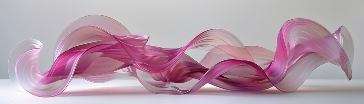 An elegant pink ribbon art sculpture with flowing curves is set against a white backdrop, reflecting grace and movement.