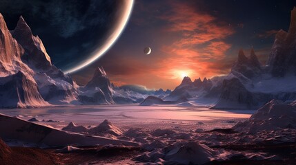 Landscape of an exoplanet with a sun and planets in the sky. - obrazy, fototapety, plakaty