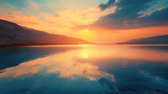 Serene sunset scene with warm colors, creating a peaceful and calming atmosphere


