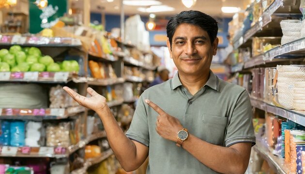 Smiling Merchant, shop keeper at groceries store thumbsup looking at camera
