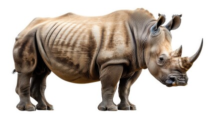 Obraz premium A stoic rhinoceros with a horn gleaming, standing firm and unwavering against a pure white background.