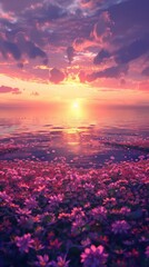 Sunset over a tranquil sea with a field of flowers