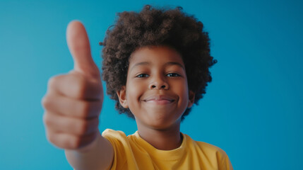 Cropped portrait of a smiling young boy showing thumb up isolated over blue background