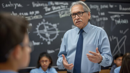A seasoned educator discusses complex topics with students in front of a chalkboard filled with formulas.