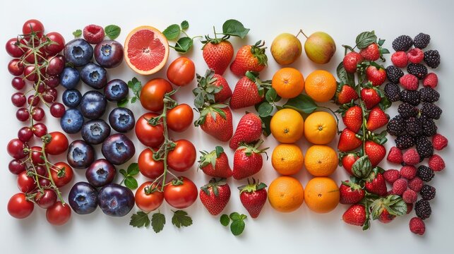 Assorted fresh fruits and berries arranged in color gradient