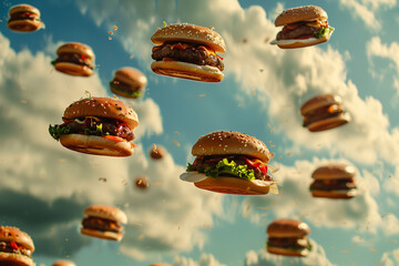 Burgers floating on sky with clouds. Generative AI image.