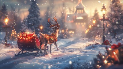 A solitary reindeer pulling a sleigh filled with presents, bringing holiday cheer to all. - obrazy, fototapety, plakaty