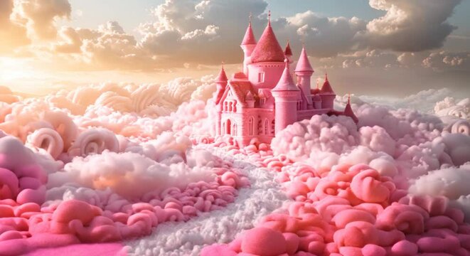 Dreamy confectionery castle floating on a cloud of sweets