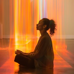Woman siting in a yogic pose  meditating in the orange stream of energy 