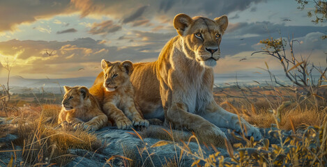 Lioness with her cubs - obrazy, fototapety, plakaty
